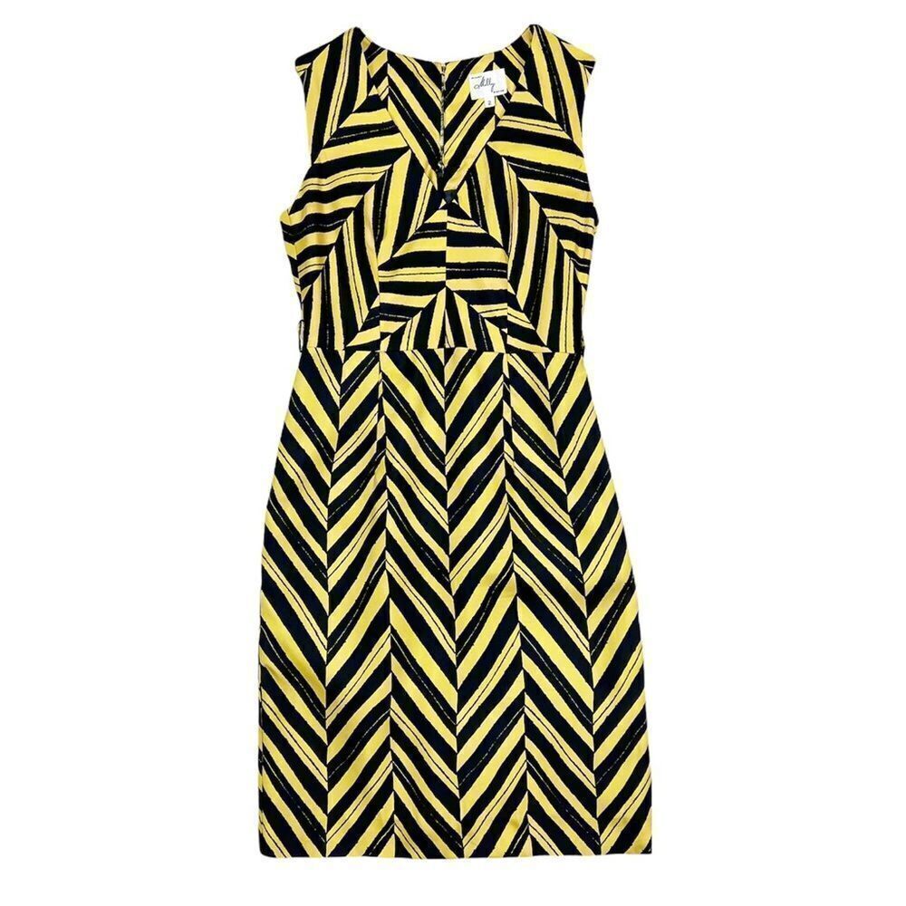 Milly Yellow Black Striped Sleeveless Sheath Dress 100% Silk Size 2